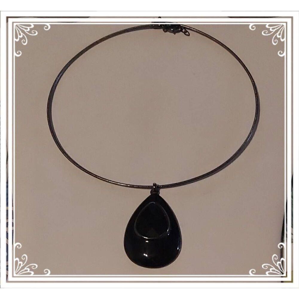 Black Enamel Faceted Tear in Teardrop Wire Choker Necklace